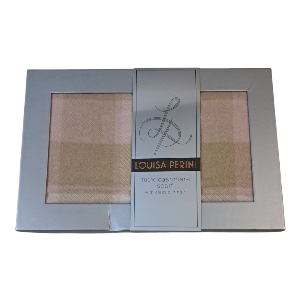 Womens Louisa Perini 100% Cashmere Scarf with Classic Fringe‎ Pink/Beige Plaid